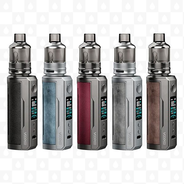 Five VooPoo DRAG X Plus Kits lined up