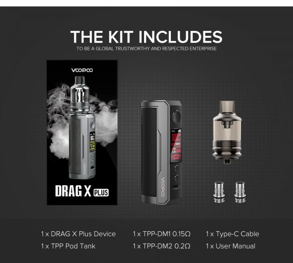 Advert showing the contents of a VooPoo DRAG X Plus Kit