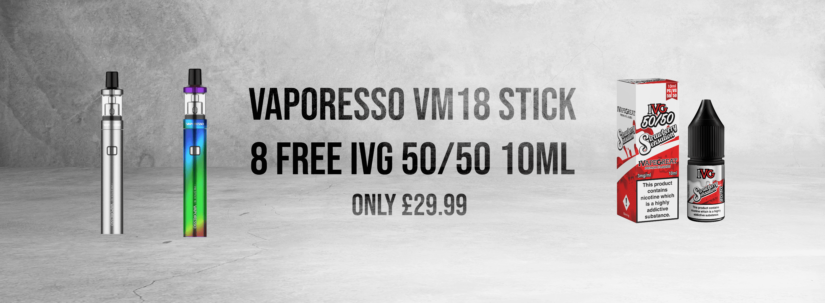 Advert for an offer on Vaporesso and IVG 50/50 products